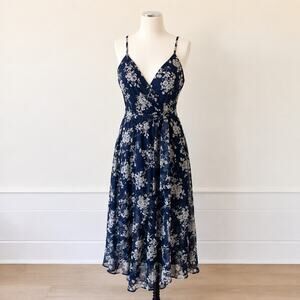 Indikah Navy Floral Wide Leg Jumpsuit Size L Spaghetti Strap Pockets Belt